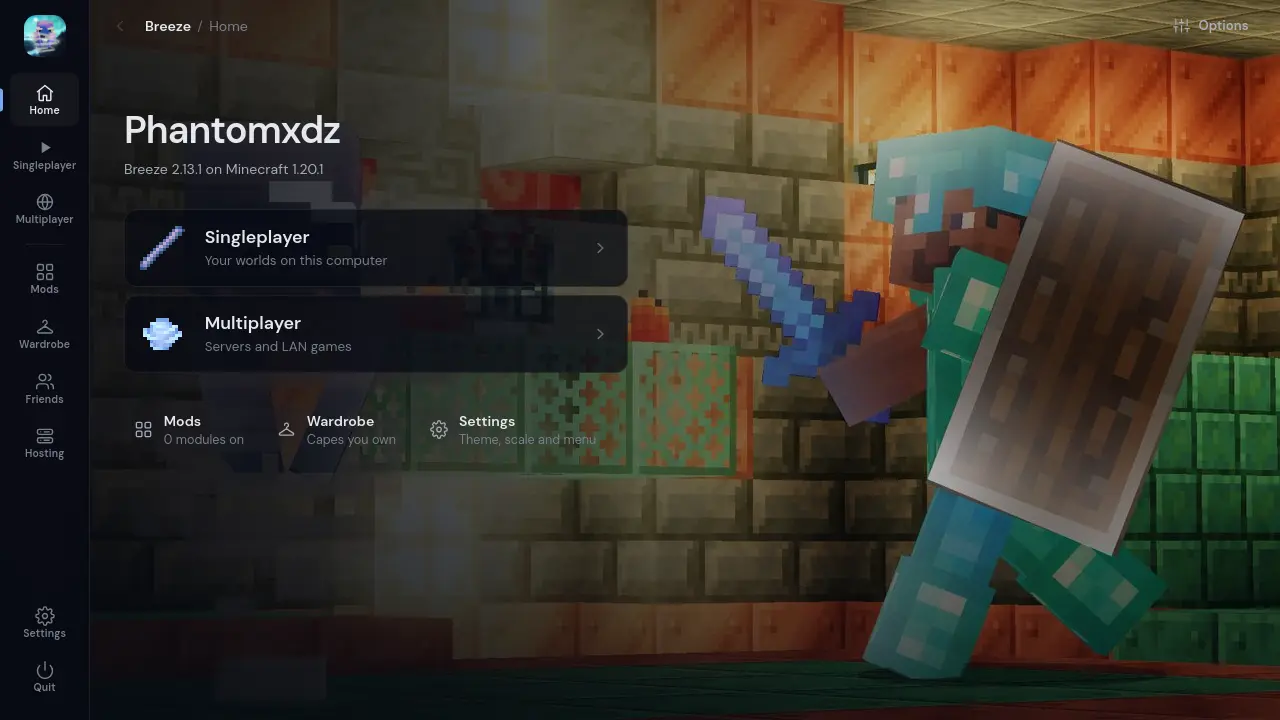 The Breeze home screen in Minecraft 1.20.1: a sidebar with Home, Singleplayer, Multiplayer, Mods, Wardrobe, Friends and Hosting, and large Singleplayer and Multiplayer buttons over the Breeze artwork