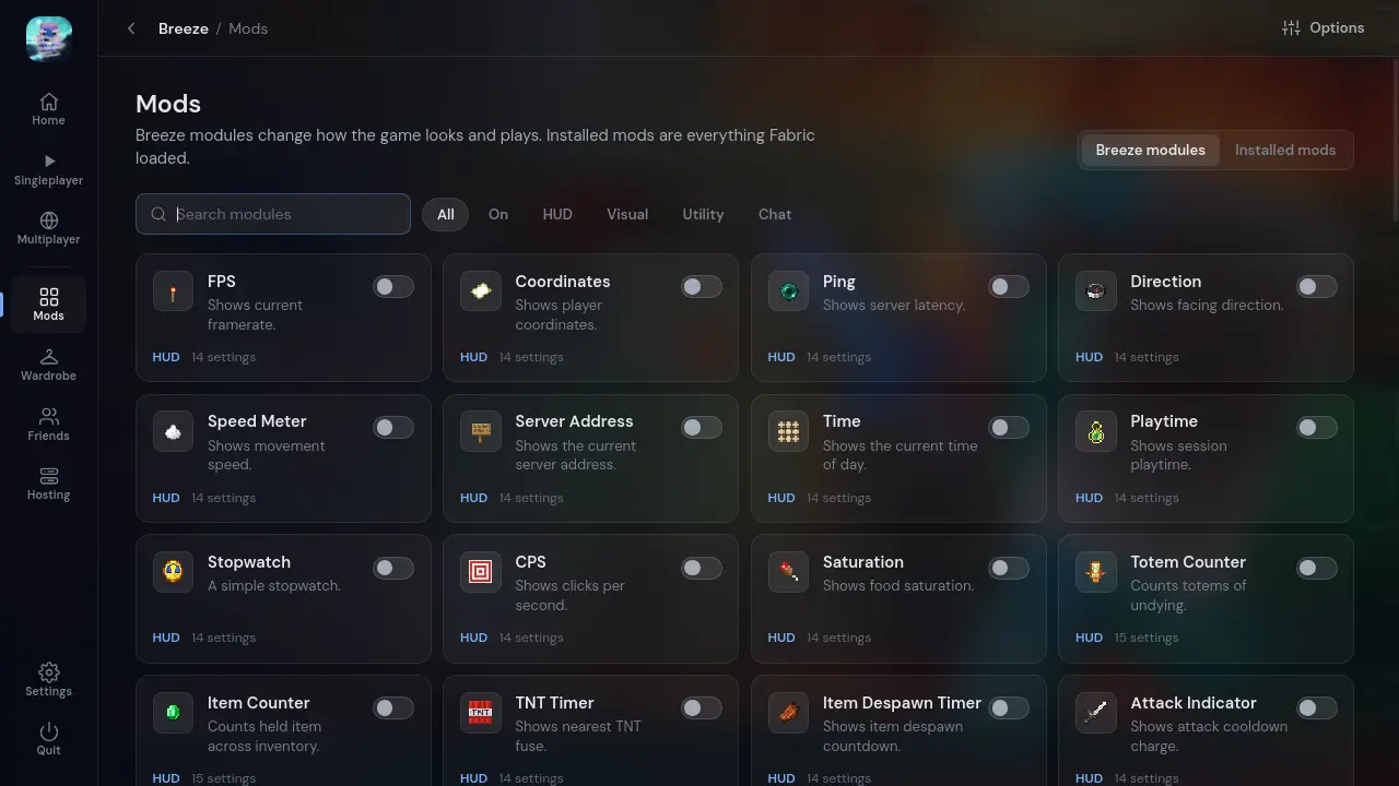 The Breeze Mods page in Minecraft: a search box, filters for All, On, HUD, Visual, Utility and Chat, and a grid of module cards such as FPS, Coordinates, Ping and Direction, each with an icon and a switch