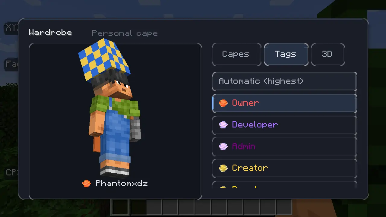 The Wardrobe in Minecraft on its Tags tab: a player wearing a checkered hat cosmetic, and a list of tags such as Owner, Developer and Creator, each with its Wind Charge icon